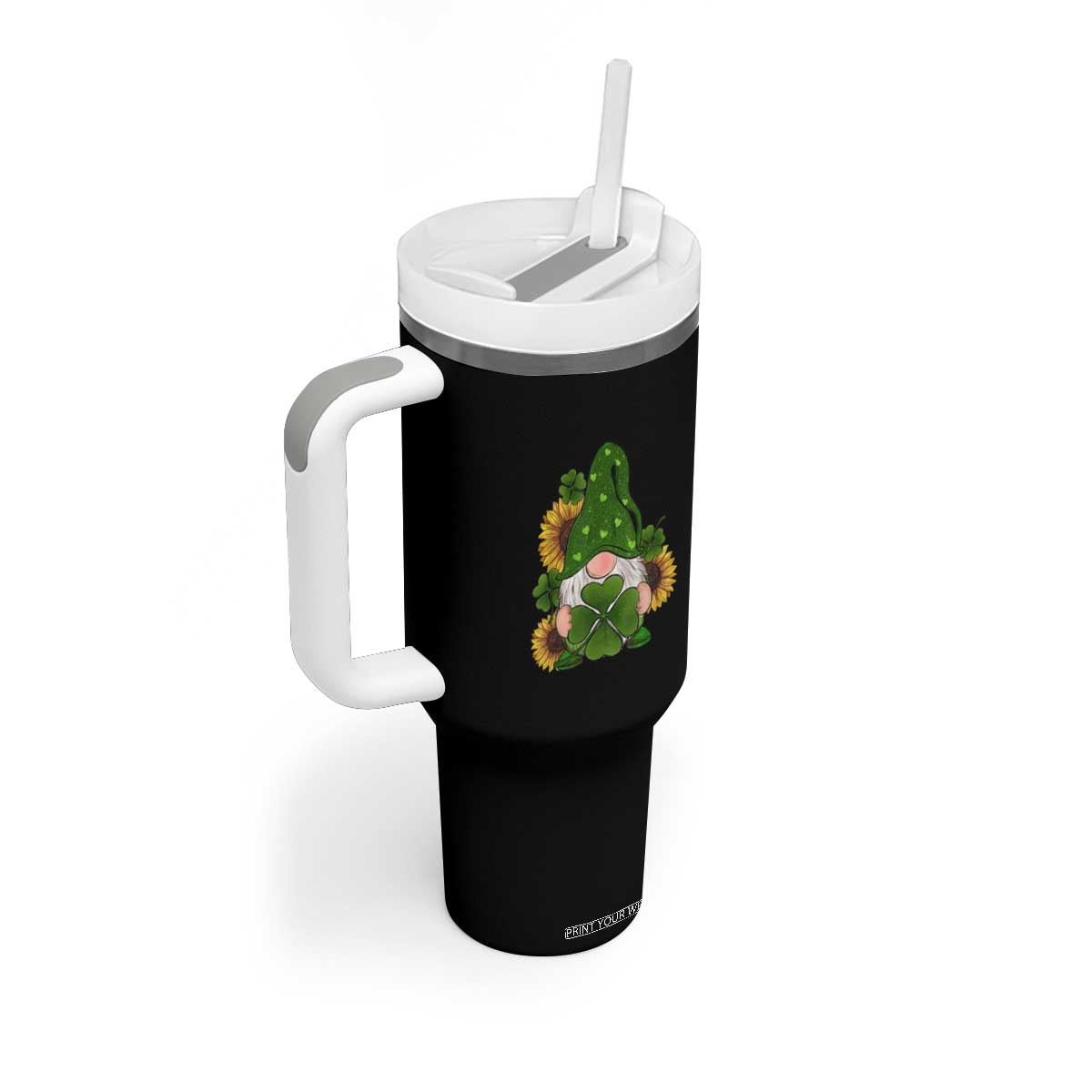 St Patrick's Day Cute Gnomes Tumbler With Handle Holding Shamrock Sunflower TS02 Print Your Wear