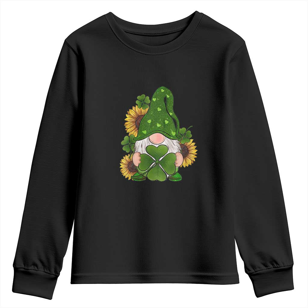 St Patrick's Day Cute Gnomes Youth Sweatshirt Holding Shamrock Sunflower TS02 Black Print Your Wear