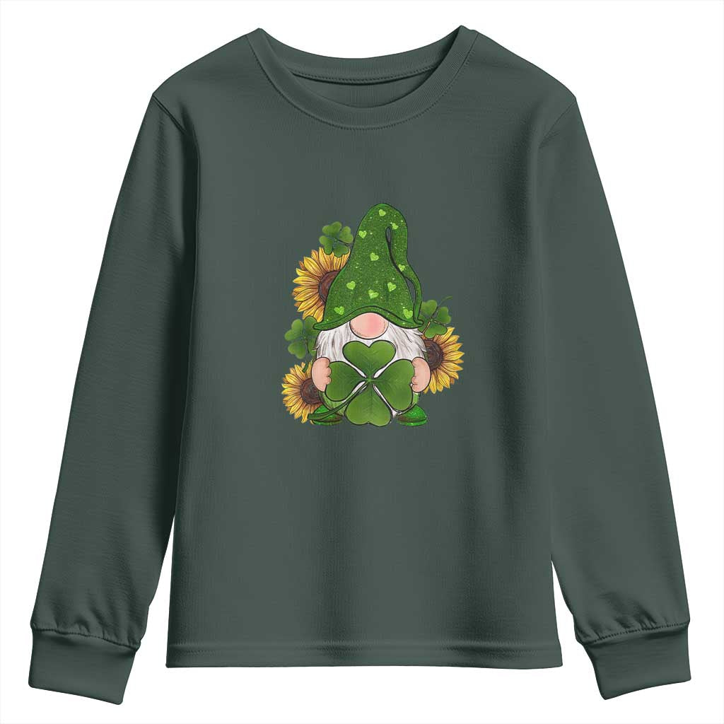 St Patrick's Day Cute Gnomes Youth Sweatshirt Holding Shamrock Sunflower TS02 Dark Forest Green Print Your Wear