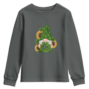 St Patrick's Day Cute Gnomes Youth Sweatshirt Holding Shamrock Sunflower TS02 Dark Heather Print Your Wear