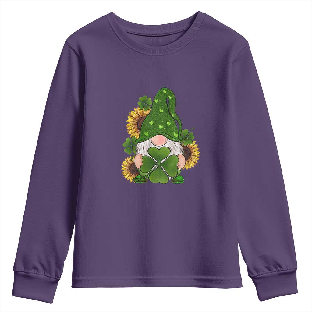 St Patrick's Day Cute Gnomes Youth Sweatshirt Holding Shamrock Sunflower TS02 Purple Print Your Wear