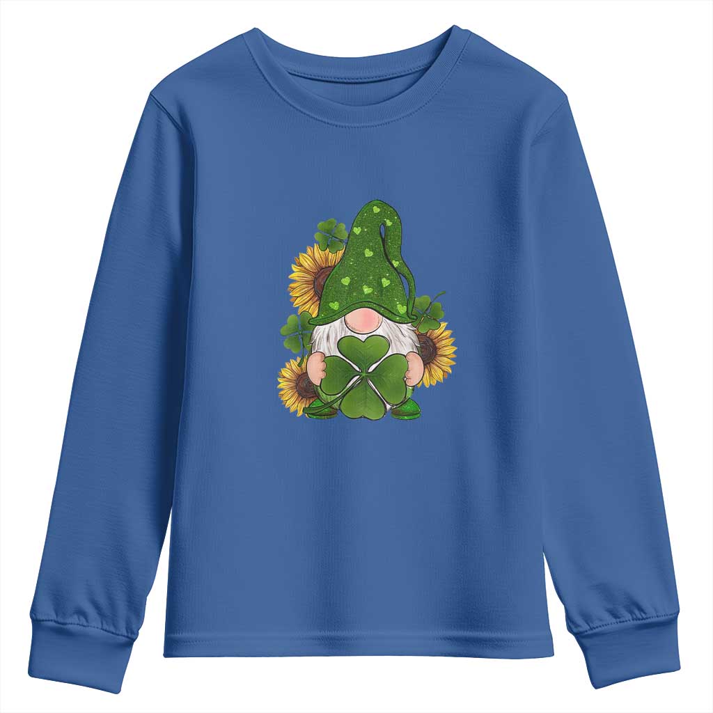 St Patrick's Day Cute Gnomes Youth Sweatshirt Holding Shamrock Sunflower TS02 Royal Blue Print Your Wear