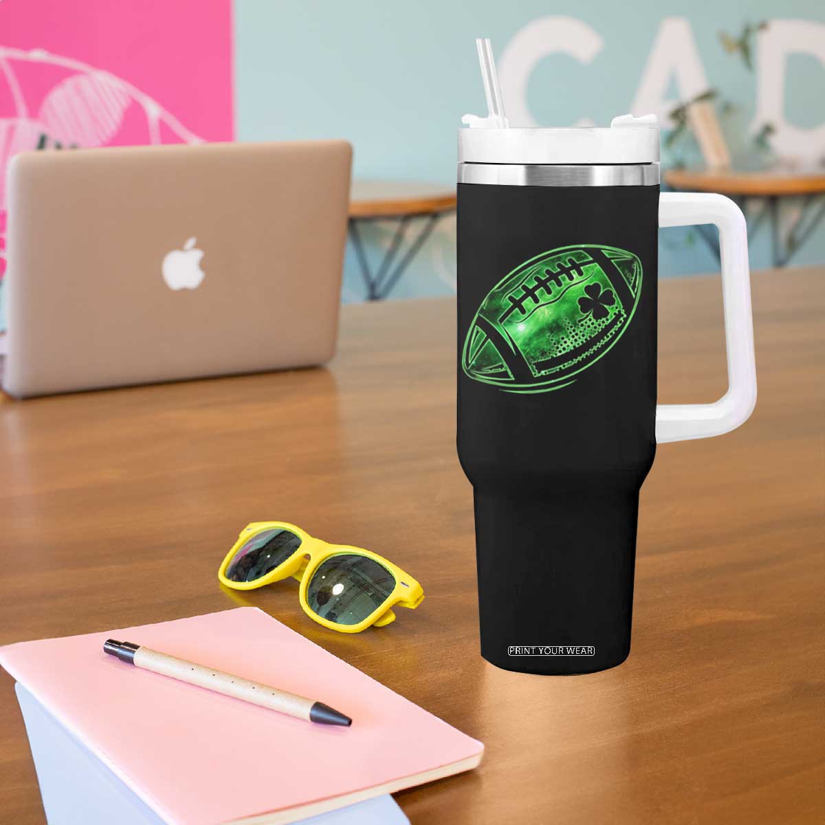 Lucky Shamrock Football Tumbler With Handle Irish Clover St Patricks Day Sport Lover TS02 Print Your Wear