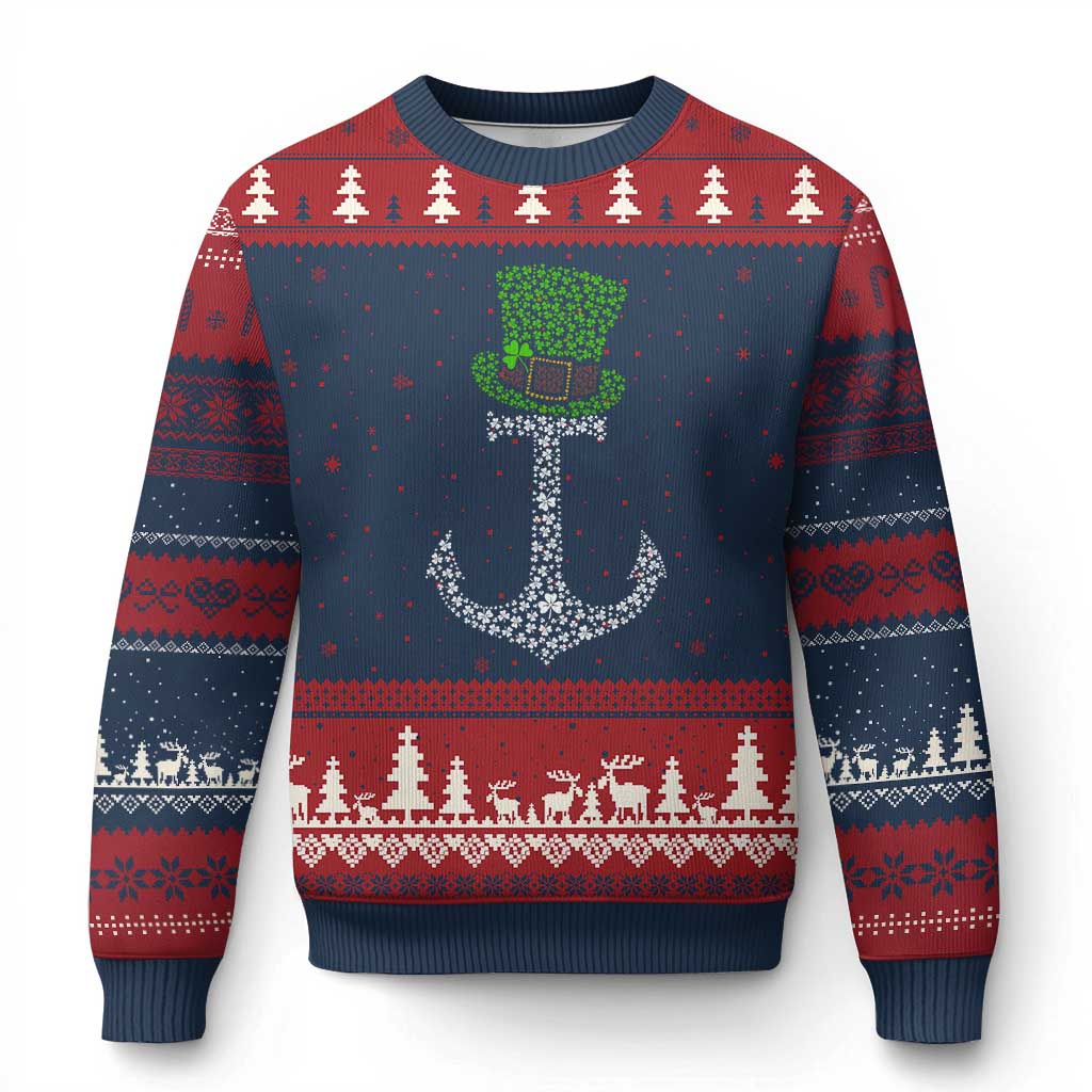 Lucky Shamrock Anchor Ugly Christmas Sweater Leprechaun Cruise Squad St. Patrick's Day TS02 Navy Red Print Your Wear