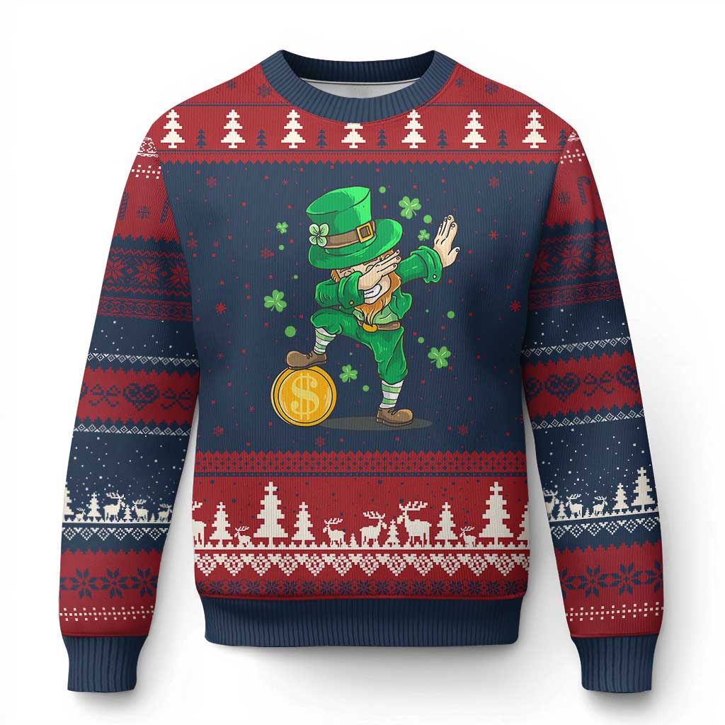 Cute Dabbing Leprechaun Ugly Christmas Sweater Funny St Patricks Day TS02 Navy Red Print Your Wear