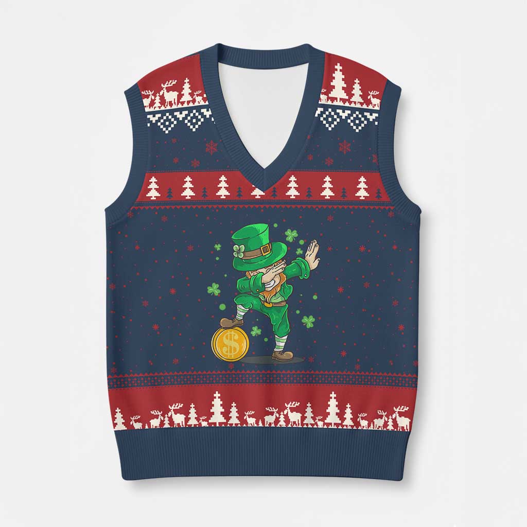 Cute Dabbing Leprechaun V-Neck Knit Sweater Vest Funny St Patricks Day TS02 Navy Red Print Your Wear
