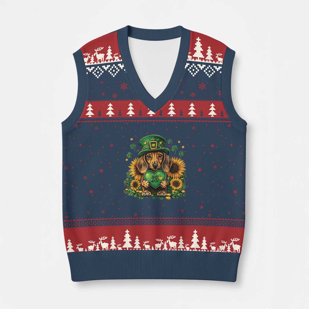 Cute Dachshund Leprechaun V-Neck Knit Sweater Vest Shamrock St. Patrick's Day Dog Lover TS02 Navy Red Print Your Wear
