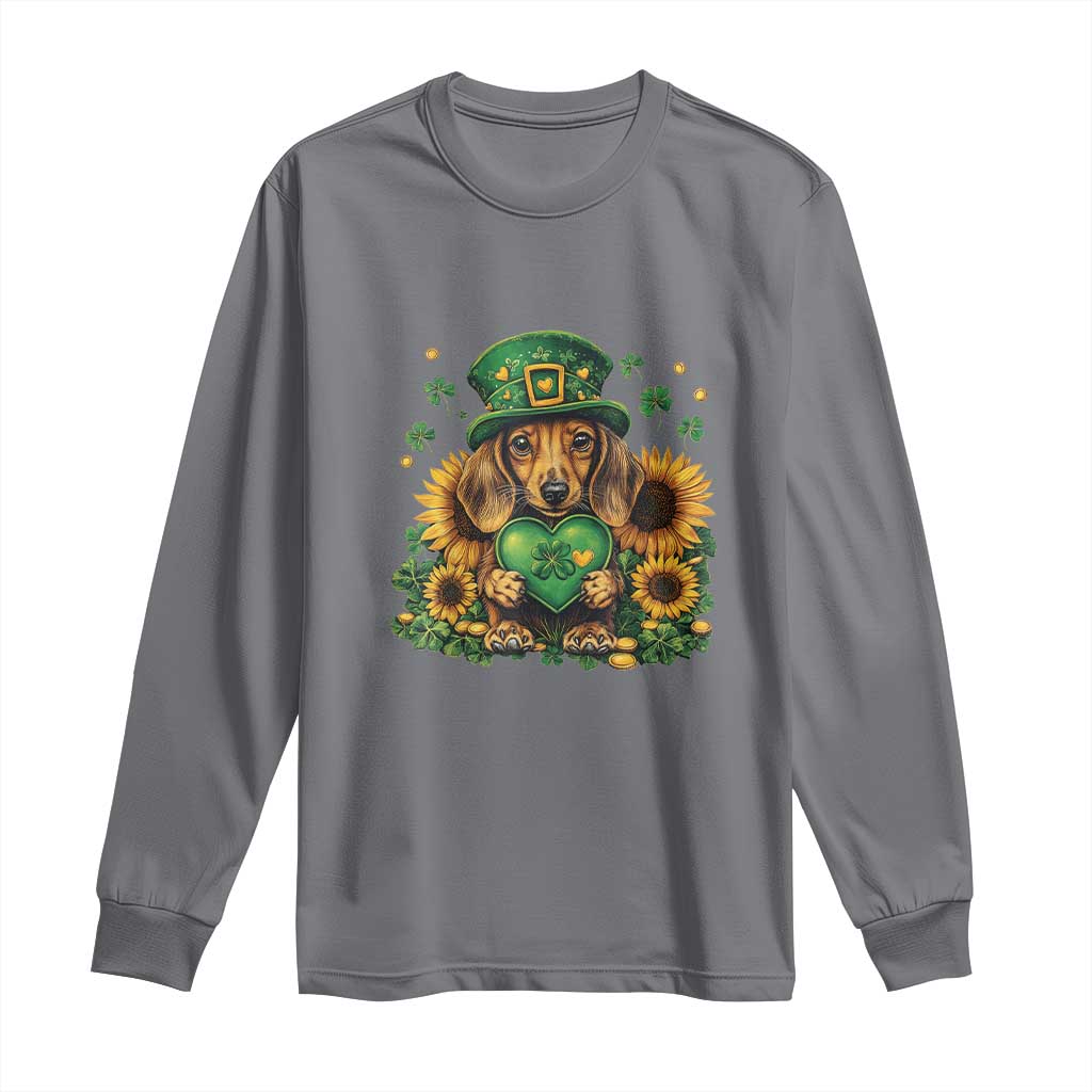 Cute Dachshund Leprechaun Long Sleeve Shirt Shamrock St. Patrick's Day Dog Lover TS02 Charcoal Print Your Wear