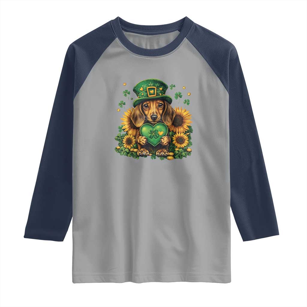 Cute Dachshund Leprechaun Raglan Shirt Shamrock St. Patrick's Day Dog Lover TS02 Sport Gray Navy Print Your Wear