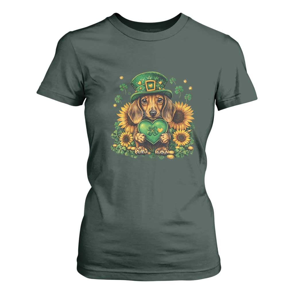 Cute Dachshund Leprechaun T Shirt For Women Shamrock St. Patrick's Day Dog Lover TS02 Dark Forest Green Print Your Wear