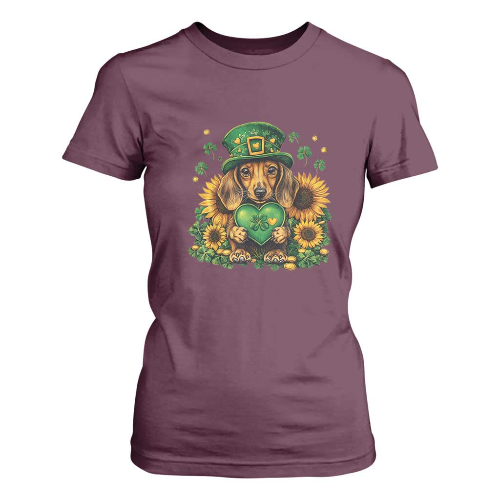 Cute Dachshund Leprechaun T Shirt For Women Shamrock St. Patrick's Day Dog Lover TS02 Maroon Print Your Wear
