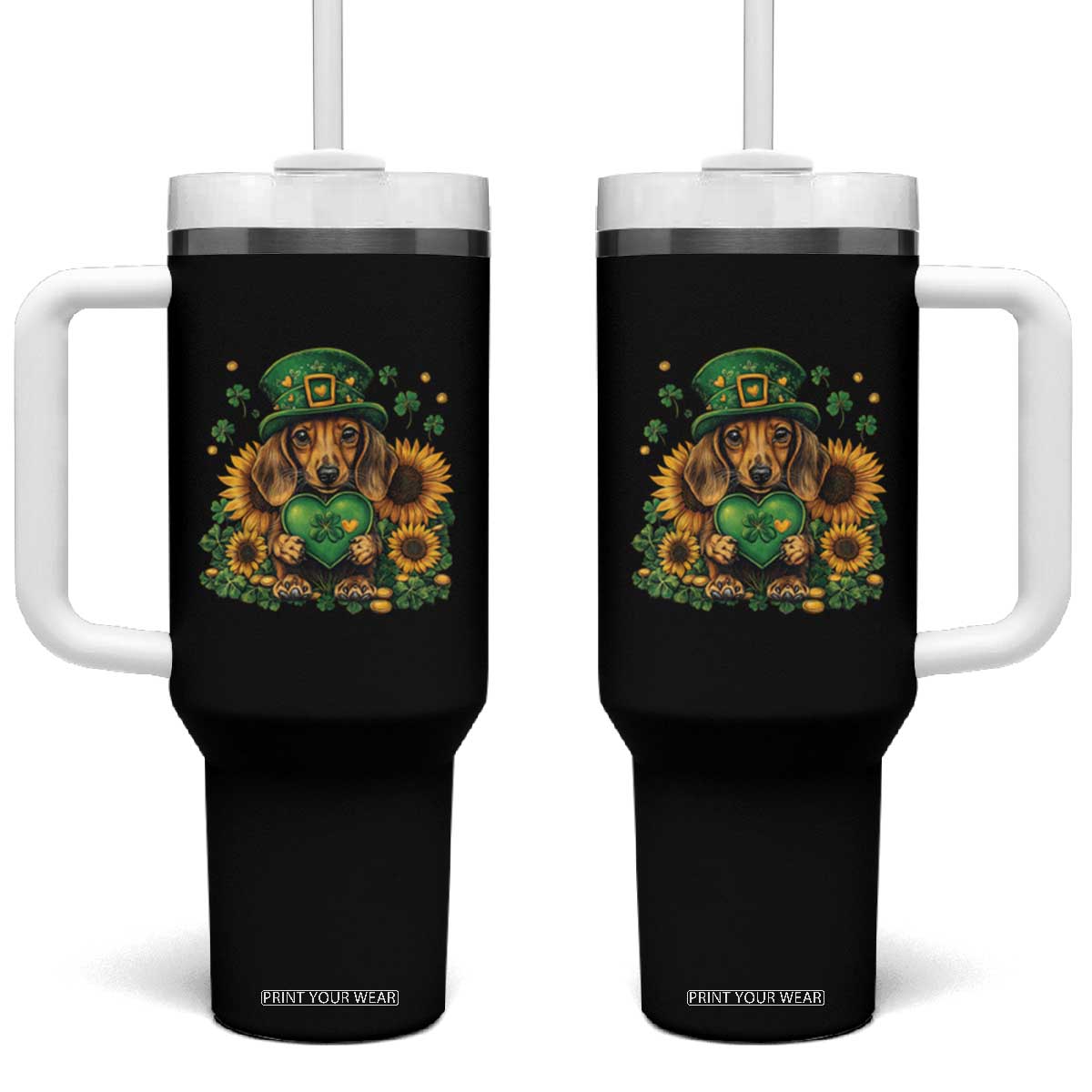 Cute Dachshund Leprechaun Tumbler With Handle Shamrock St. Patrick's Day Dog Lover TS02 One Size: 40 oz Black Print Your Wear