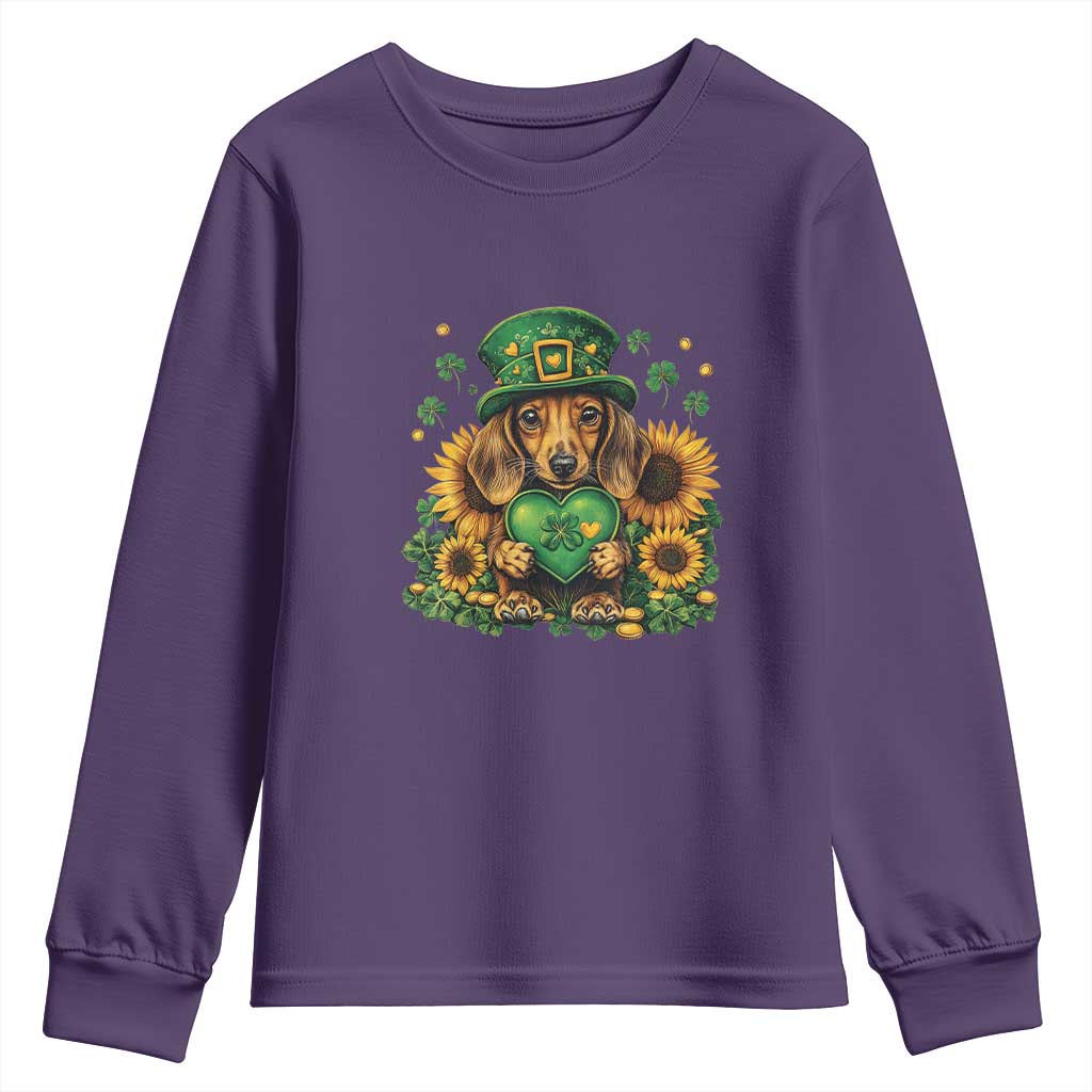 Cute Dachshund Leprechaun Youth Sweatshirt Shamrock St. Patrick's Day Dog Lover TS02 Purple Print Your Wear