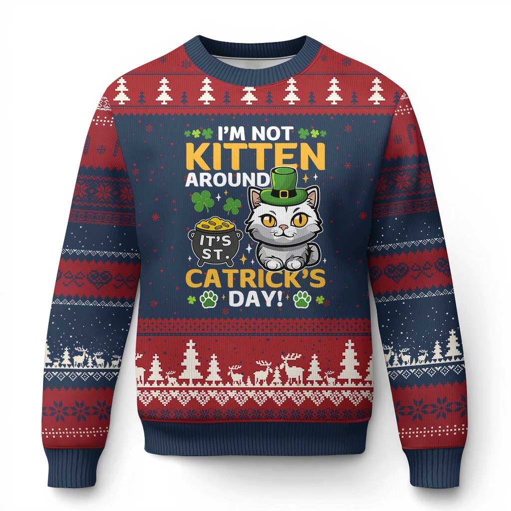 Cute Cat Leperchaun Ugly Christmas Sweater Im Not Kitten Around Catrick's Day St Patricks TS02 Navy Red Print Your Wear