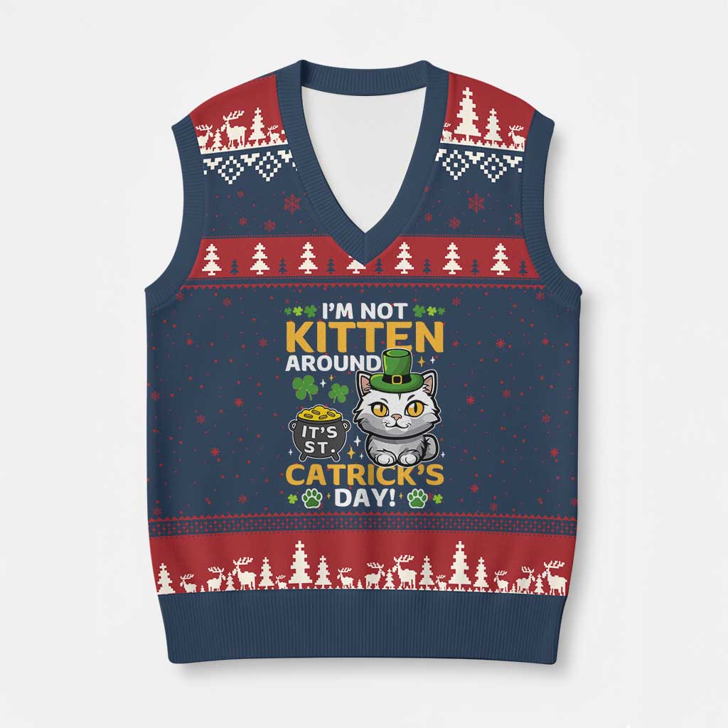 Cute Cat Leperchaun V-Neck Knit Sweater Vest Im Not Kitten Around Catrick's Day St Patricks TS02 Navy Red Print Your Wear