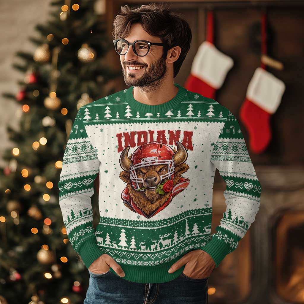 Indiana Football Spirit Bison with Rose Graphic Ugly Christmas Sweater Hoosier State Sports Pride TS02 Beige Green Print Your Wear