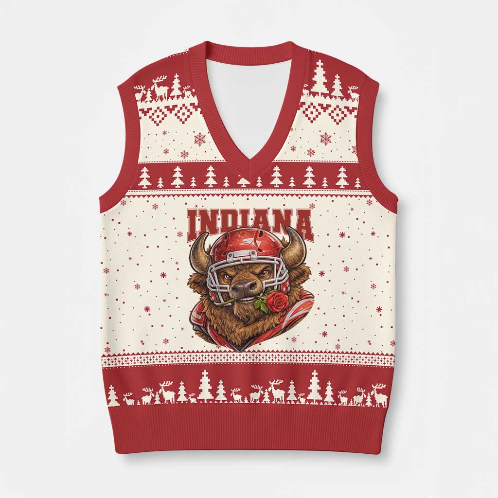 Indiana Football Spirit Bison with Rose Graphic V-Neck Knit Sweater Vest Hoosier State Sports Pride TS02 Beige Red Print Your Wear