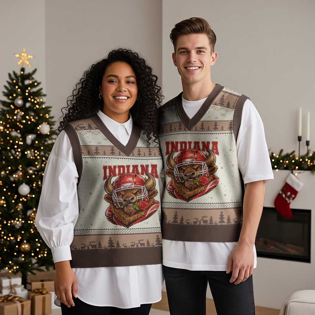 Indiana Football Spirit Bison with Rose Graphic V-Neck Knit Sweater Vest Hoosier State Sports Pride TS02 Mocha Mousse Print Your Wear