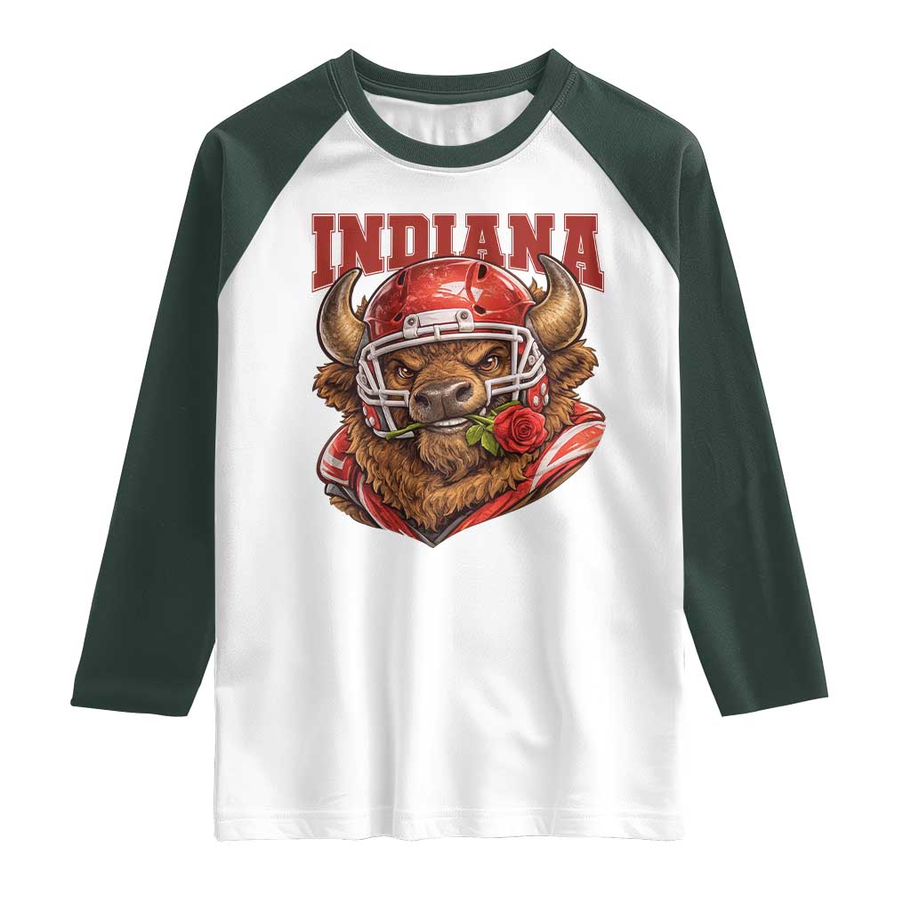 Indiana Football Spirit Bison with Rose Graphic Raglan Shirt Hoosier State Sports Pride TS02 White Dark Forest Green Print Your Wear