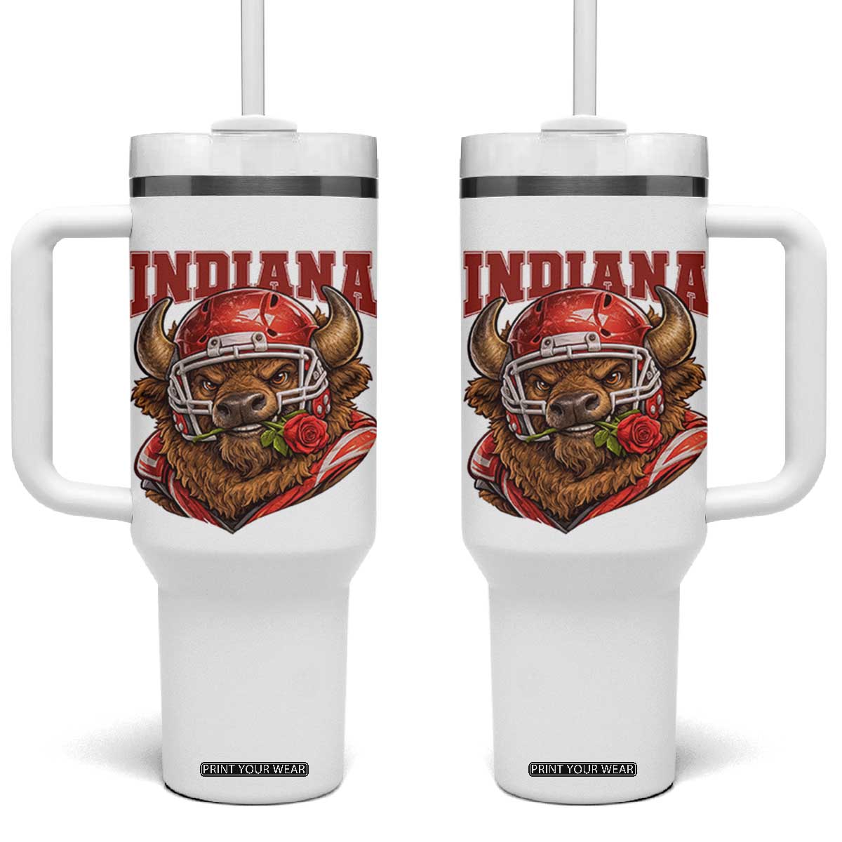 Indiana Football Spirit Bison with Rose Graphic Tumbler With Handle Hoosier State Sports Pride TS02 One Size: 40 oz White Print Your Wear