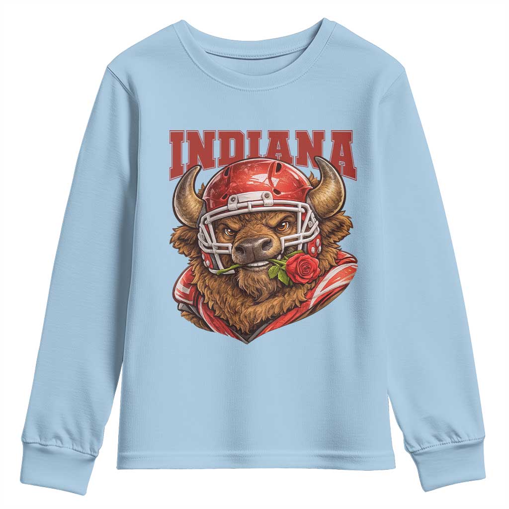 Indiana Football Spirit Bison with Rose Graphic Youth Sweatshirt Hoosier State Sports Pride TS02 Light Blue Print Your Wear