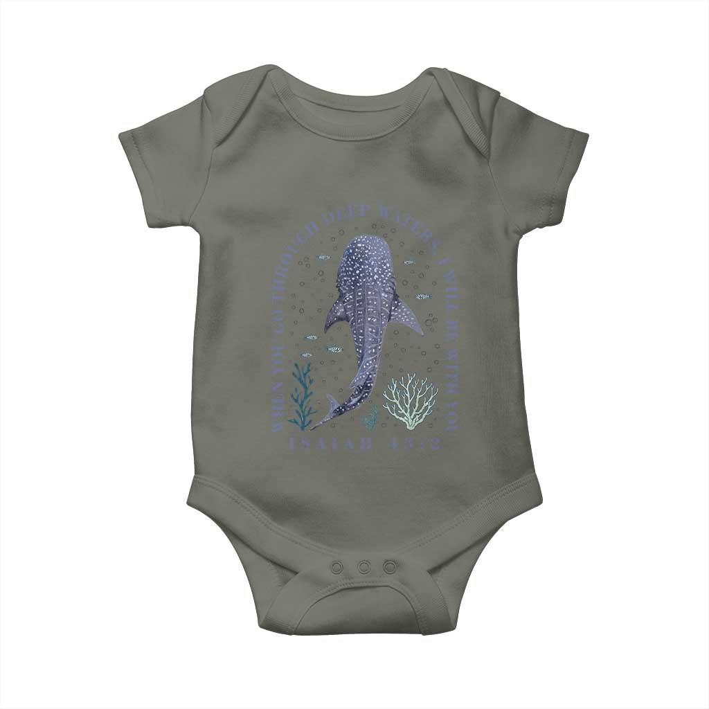 Inspirational Christian Bible Verse Isaiah 43:2 Whale Shark Baby Onesie When You Go Through Deep Waters I Will Be With You TS02 Military Green Print Your Wear