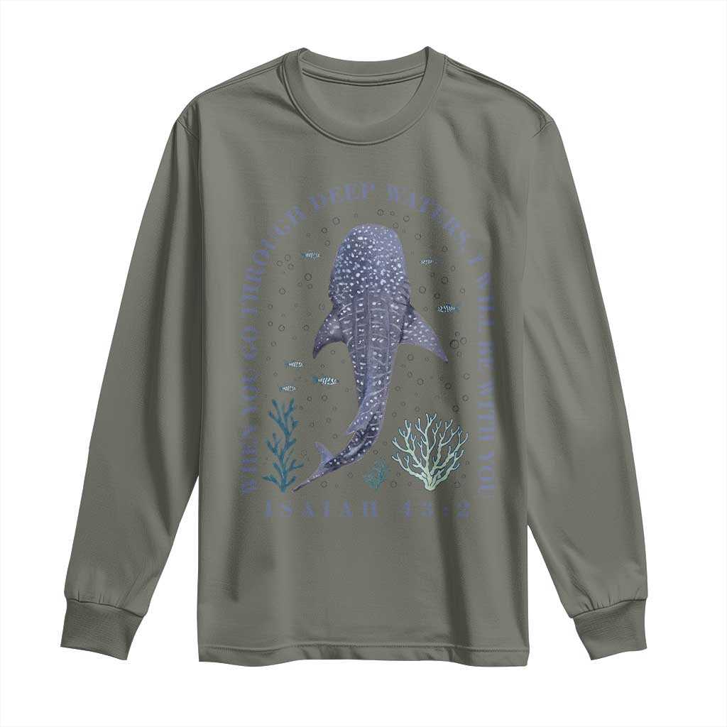 Inspirational Christian Bible Verse Isaiah 43:2 Whale Shark Long Sleeve Shirt When You Go Through Deep Waters I Will Be With You TS02 Military Green Print Your Wear