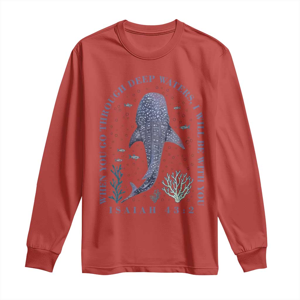 Inspirational Christian Bible Verse Isaiah 43:2 Whale Shark Long Sleeve Shirt When You Go Through Deep Waters I Will Be With You TS02 Red Print Your Wear