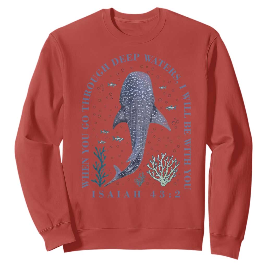 Inspirational Christian Bible Verse Isaiah 43:2 Whale Shark Sweatshirt When You Go Through Deep Waters I Will Be With You TS02 Red Print Your Wear
