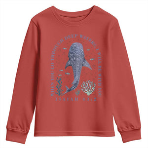 Inspirational Christian Bible Verse Isaiah 43:2 Whale Shark Youth Sweatshirt When You Go Through Deep Waters I Will Be With You TS02 Red Print Your Wear