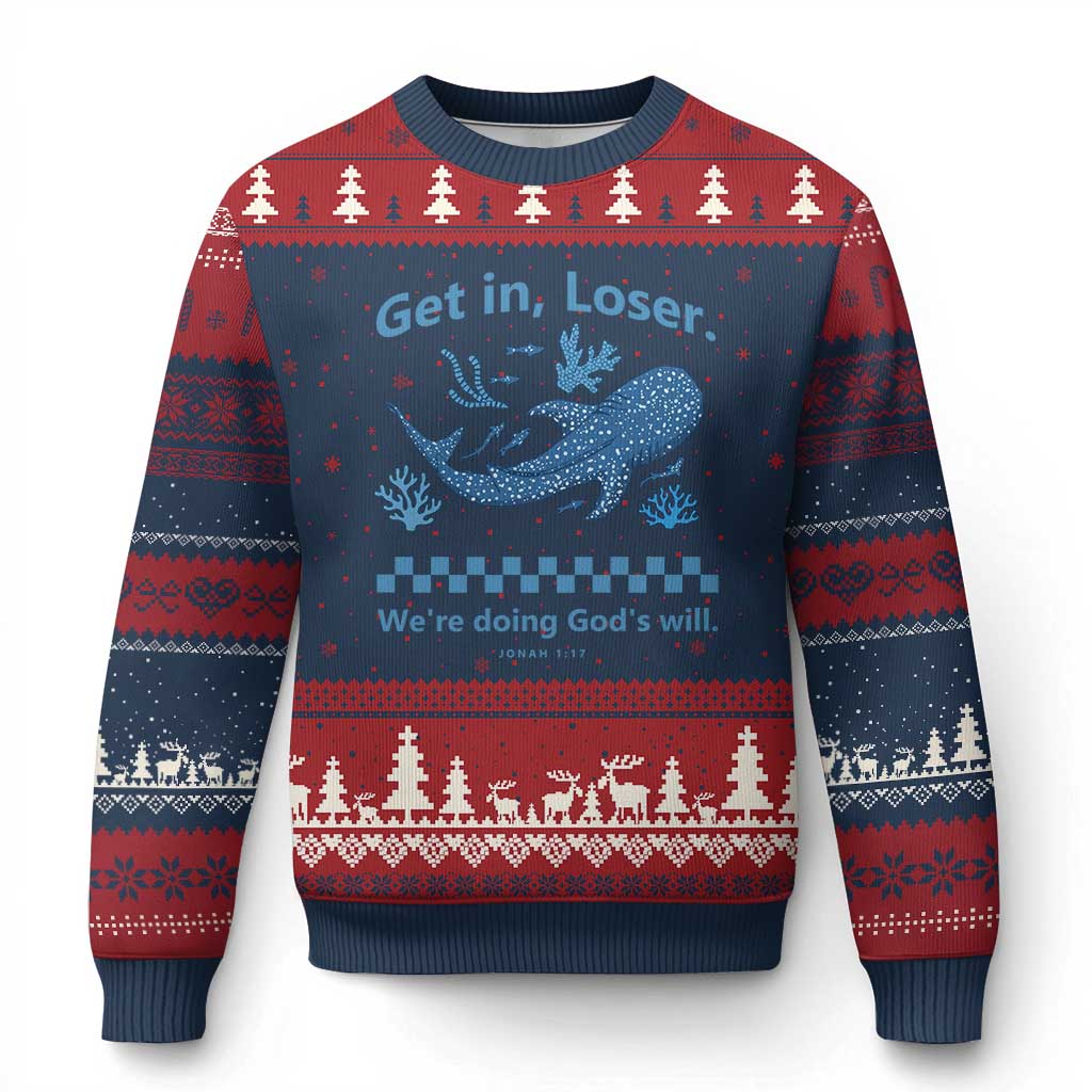 Funny Whale Shark Christian Bible Jonah 1:17 Ugly Christmas Sweater Get In Loser We're Doing God's Will TS02 Navy Red Print Your Wear