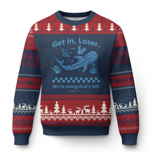 Funny Whale Shark Christian Bible Jonah 1:17 Ugly Christmas Sweater Get In Loser We're Doing God's Will TS02 Navy Red Print Your Wear