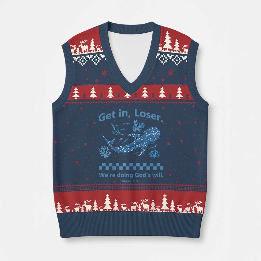 Funny Whale Shark Christian Bible Jonah 1:17 V-Neck Knit Sweater Vest Get In Loser We're Doing God's Will TS02 Navy Red Print Your Wear