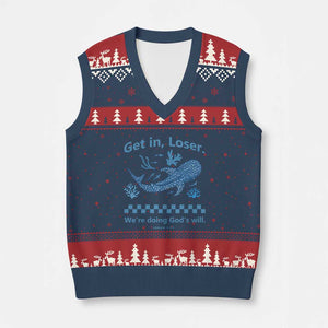 Funny Whale Shark Christian Bible Jonah 1:17 V-Neck Knit Sweater Vest Get In Loser We're Doing God's Will TS02 Navy Red Print Your Wear