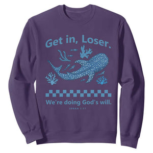 Funny Whale Shark Christian Bible Jonah 1:17 Sweatshirt Get In Loser We're Doing God's Will TS02 Purple Print Your Wear