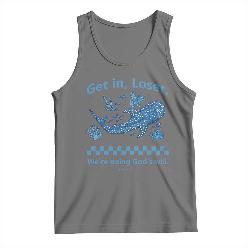 Funny Whale Shark Christian Bible Jonah 1:17 Tank Top Get In Loser We're Doing God's Will TS02 Black Heather Print Your Wear