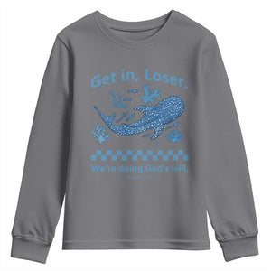 Funny Whale Shark Christian Bible Jonah 1:17 Youth Sweatshirt Get In Loser We're Doing God's Will TS02 Charcoal Print Your Wear