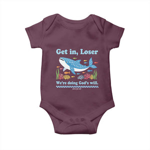 Colorful Whale Shark Christian Bible Jonah 1:17 Baby Onesie Funny Get In Loser We're Doing God's Will TS02 Maroon Print Your Wear