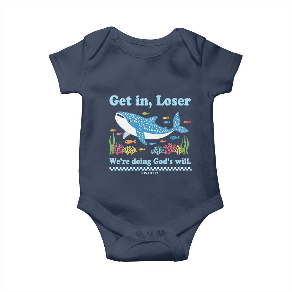 Colorful Whale Shark Christian Bible Jonah 1:17 Baby Onesie Funny Get In Loser We're Doing God's Will TS02 Navy Print Your Wear