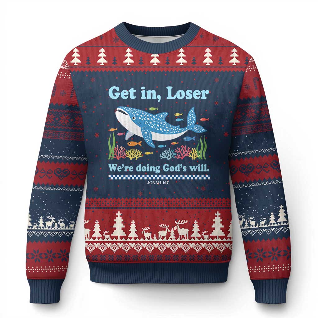 Colorful Whale Shark Christian Bible Jonah 1:17 Ugly Christmas Sweater Funny Get In Loser We're Doing God's Will TS02 Navy Red Print Your Wear