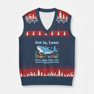 Colorful Whale Shark Christian Bible Jonah 1:17 V-Neck Knit Sweater Vest Funny Get In Loser We're Doing God's Will TS02 Navy Red Print Your Wear