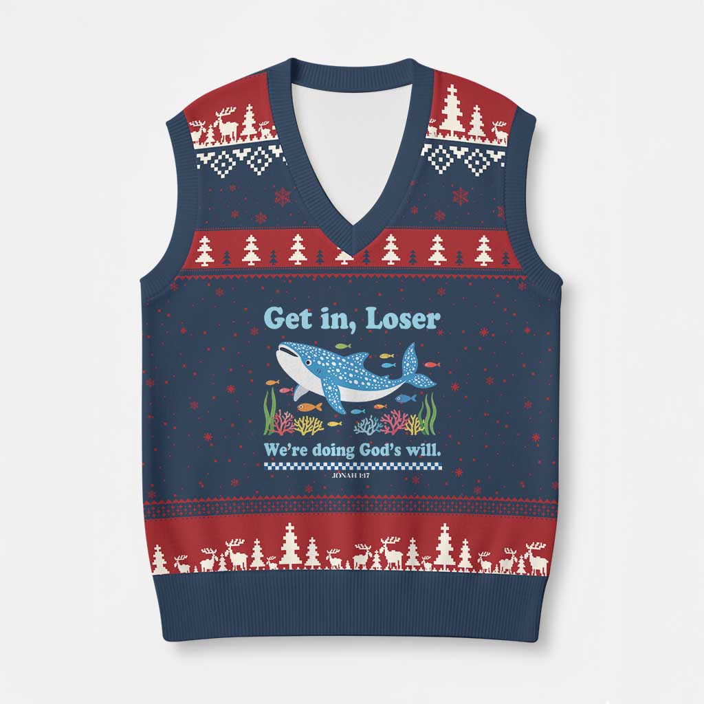 Colorful Whale Shark Christian Bible Jonah 1:17 V-Neck Knit Sweater Vest Funny Get In Loser We're Doing God's Will TS02 Navy Red Print Your Wear