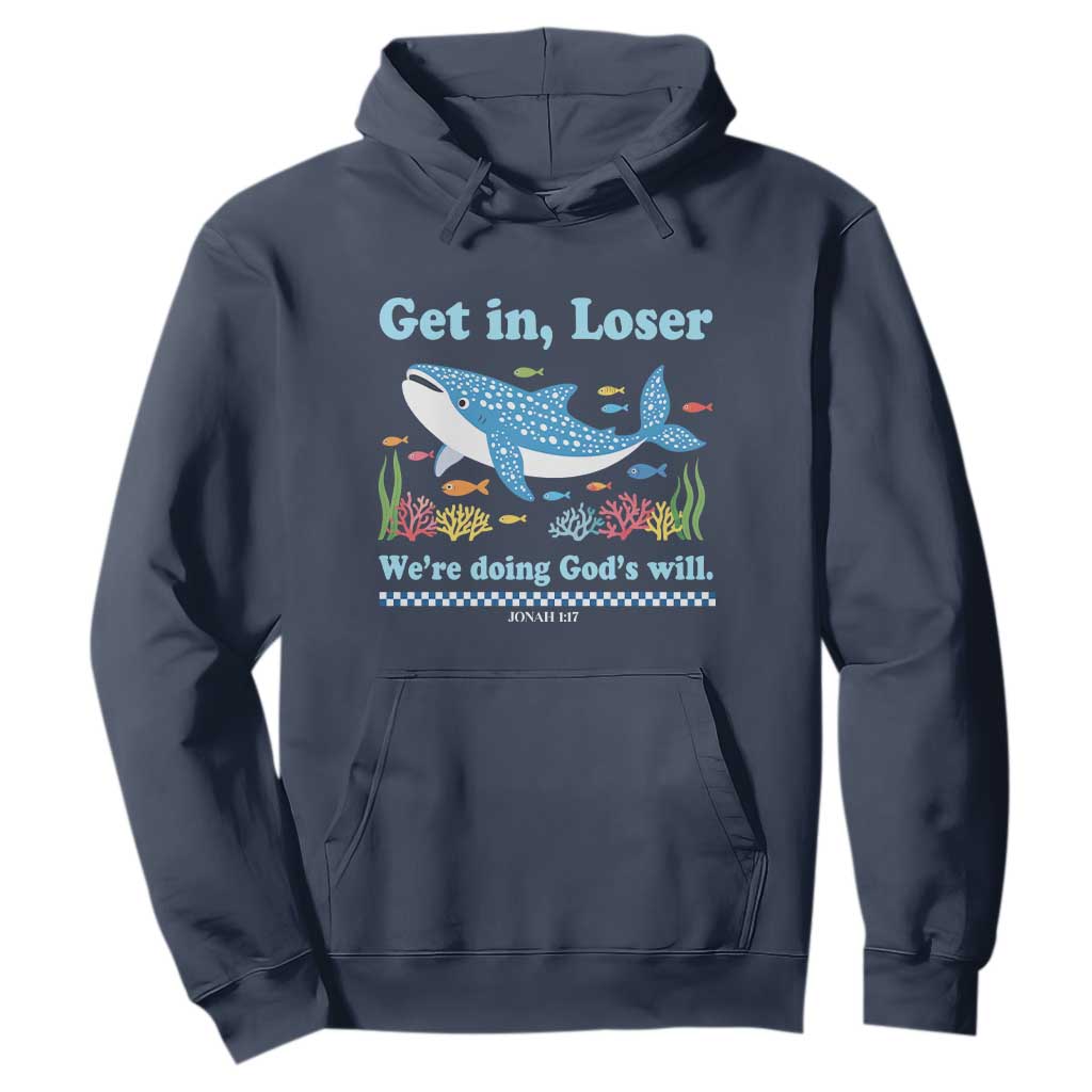 Colorful Whale Shark Christian Bible Jonah 1:17 Hoodie Funny Get In Loser We're Doing God's Will TS02 Navy Print Your Wear