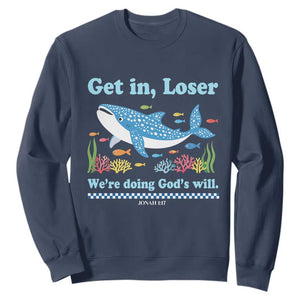 Colorful Whale Shark Christian Bible Jonah 1:17 Sweatshirt Funny Get In Loser We're Doing God's Will TS02 Navy Print Your Wear