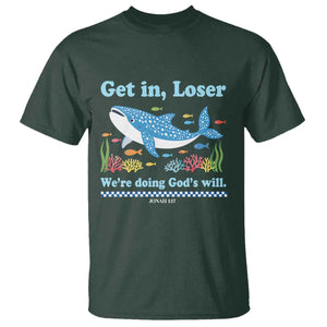 Colorful Whale Shark Christian Bible Jonah 1:17 T Shirt Funny Get In Loser We're Doing God's Will TS02 Dark Forest Green Print Your Wear