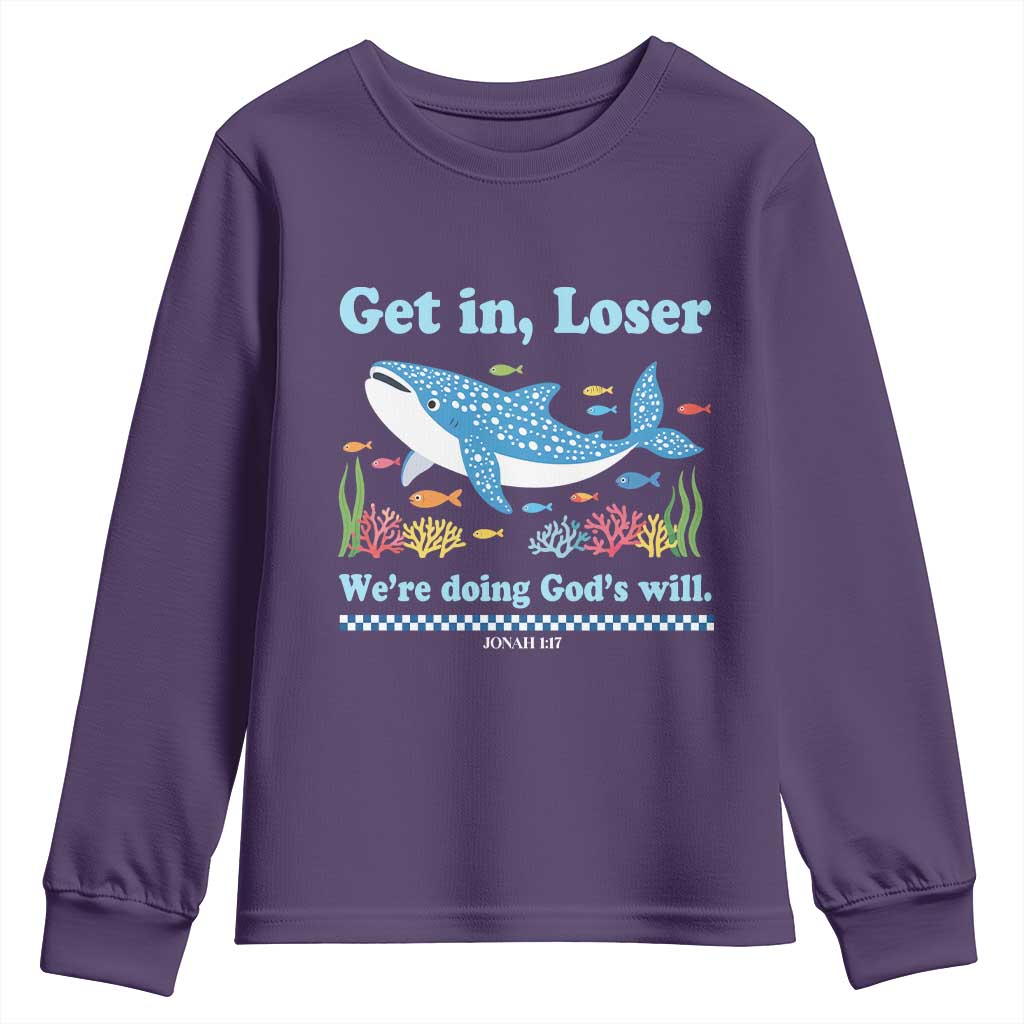 Colorful Whale Shark Christian Bible Jonah 1:17 Youth Sweatshirt Funny Get In Loser We're Doing God's Will TS02 Purple Print Your Wear