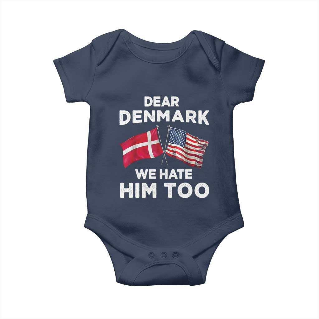 Dear Denmark We Hate Him Too Baby Onesie Funny Political Satire with US and Danish Flags TS02 Navy Print Your Wear