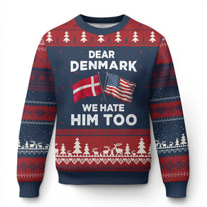 Dear Denmark We Hate Him Too Ugly Christmas Sweater Funny Political Satire with US and Danish Flags TS02 Navy Red Print Your Wear