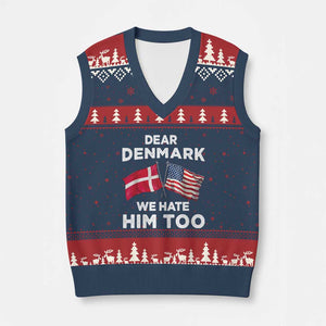 Dear Denmark We Hate Him Too V-Neck Knit Sweater Vest Funny Political Satire with US and Danish Flags TS02 Navy Red Print Your Wear