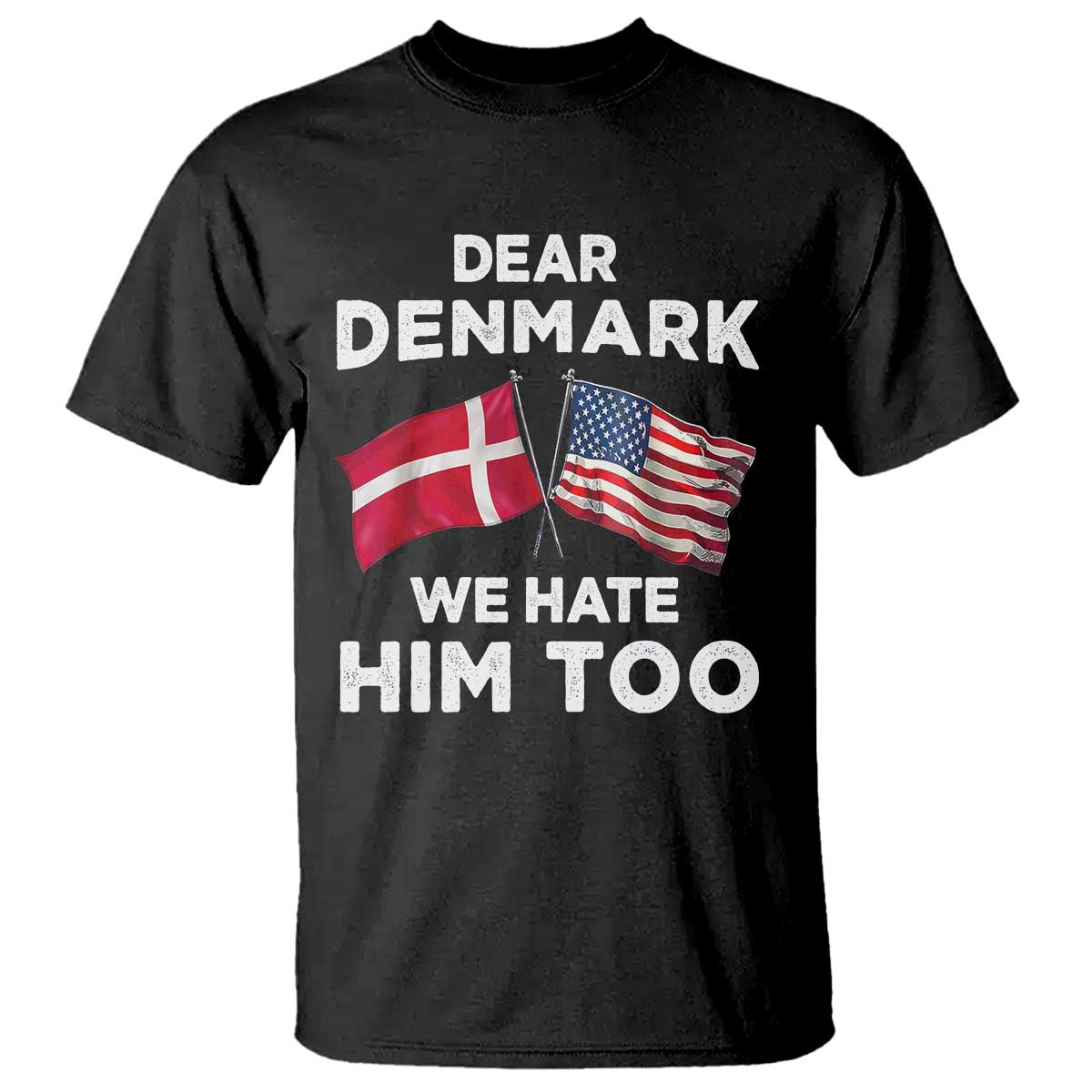Dear Denmark We Hate Him Too T Shirt - Funny Political Satire US and Danish Flags Tee TS02 Black Print Your Wear